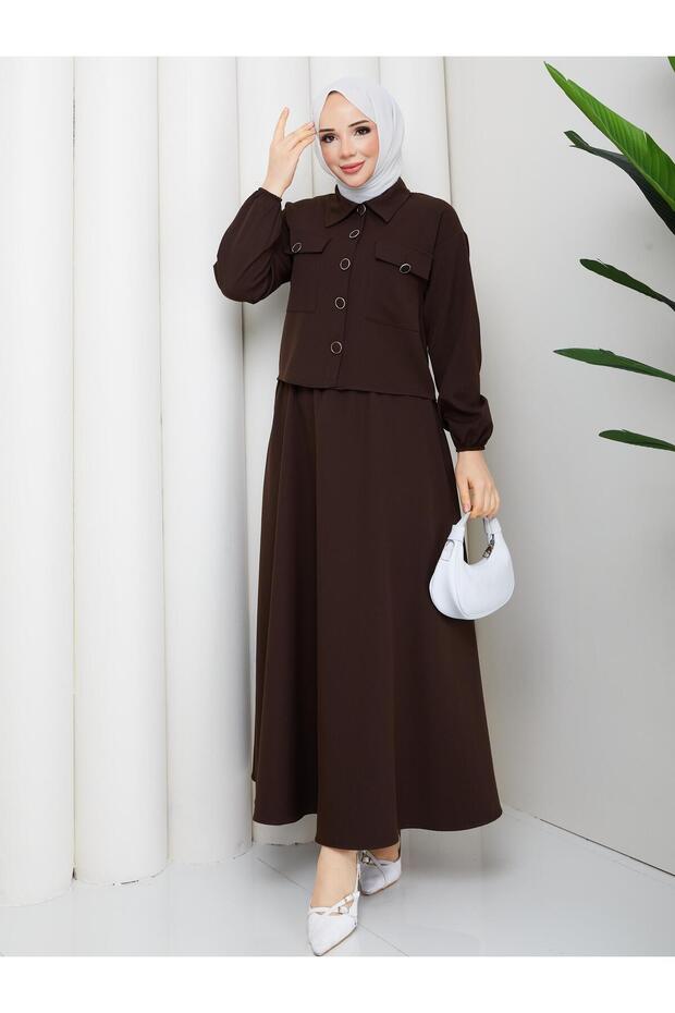 Women's Hijab Double Fabric Buttoned Two-Piece Set - Women's Hijab Set Jacket Skirt