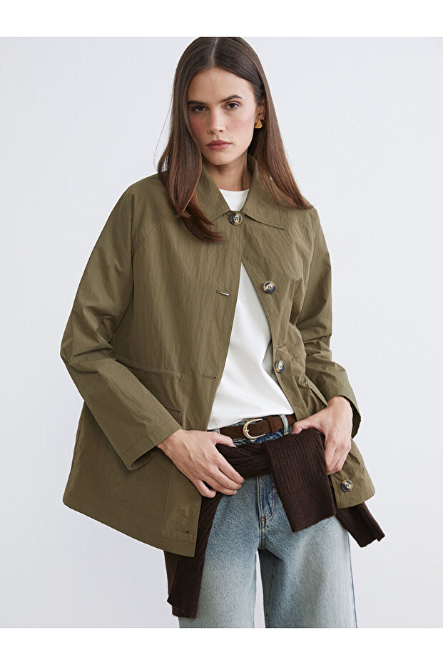 Khaki Shirt Collar Women's Jacket