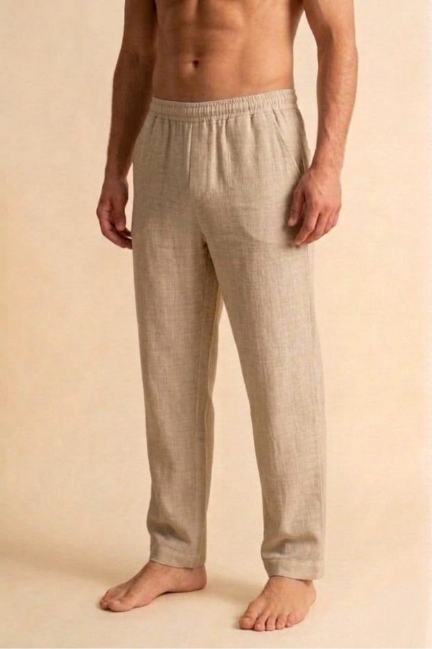 Beige Color Wide Fit 100% Cotton Muslin Fabric Men's Trousers with Elastic Waist - Hajj Umrah Trousers