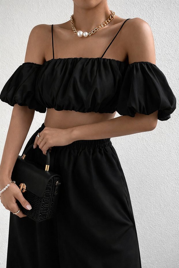 Women's Black Off Shoulder Crop Blouse – Stylish Summer Top with Straps, Elastic Waist, and Short Sleeves