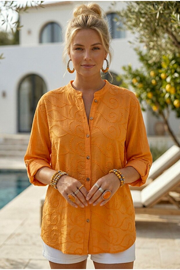 Orange Hakim Collar Buttoned Long Sleeve Buttoned Casual Muslin Woven Shirt 75 63