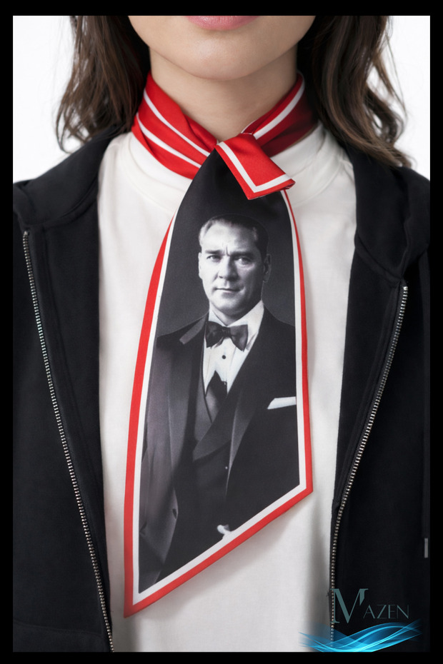 Ataturk Portrait and Signed Tie Scarf | Turkish Flag Patterned | Satin Stylish Neck Accessory
