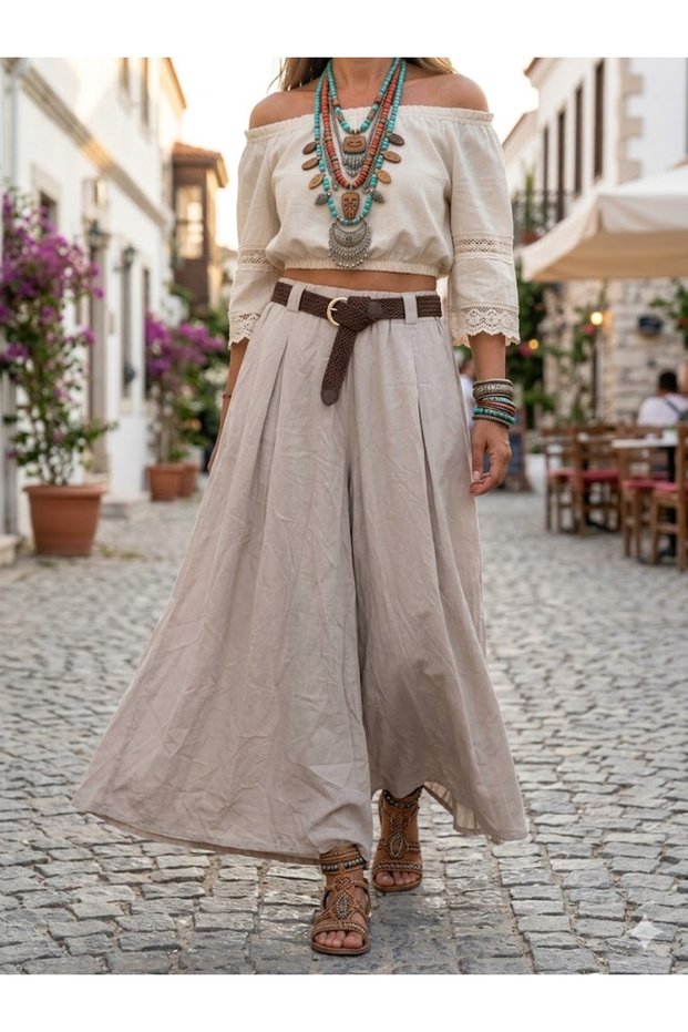 Women's Italian Beige Wide-Leg Trousers with Elastic Waistband, Plain Pattern, Pockets, 100% Tencel Fabric