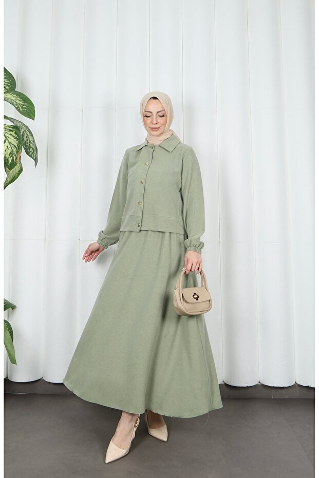 Jacketed and Skirted Hijab Double Set Green Hnt8594
