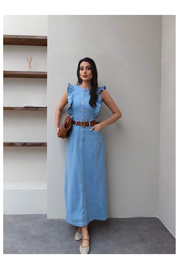 Belted Ruffle Detail Denim Dress