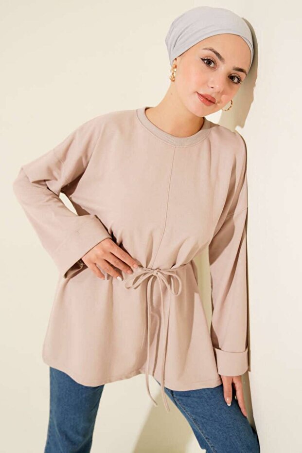 Belted Oversize Comfortable Cut Crystal Fabric Tunic
