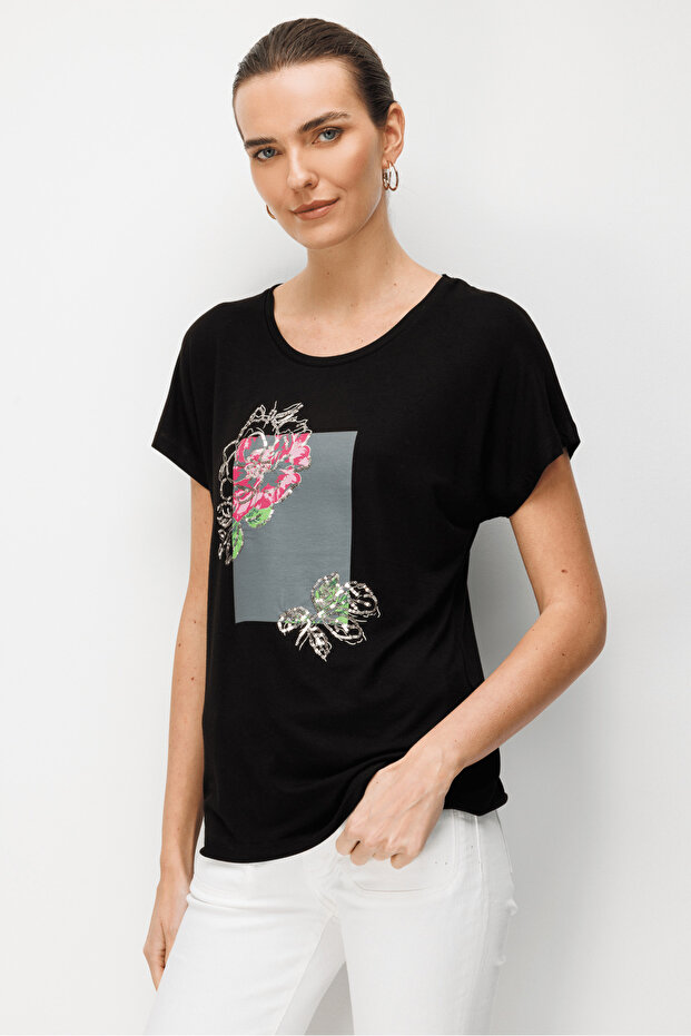 Women's Crew Neck Combed Cotton T-Shirt with Sequin Roses on the Front, Black