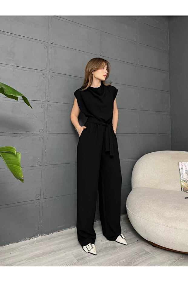 Women's Black Shoulder Padded Belted Jumpsuit