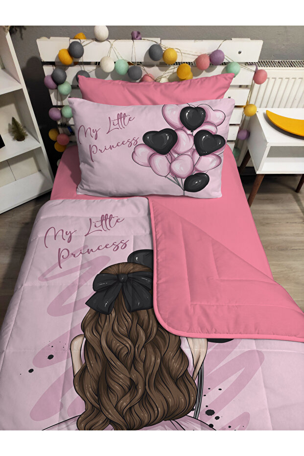 Quilted Balloon Girl 4-Piece Set (100% Cotton 100X200 with Elastic Sheets) Single Bedspread Set