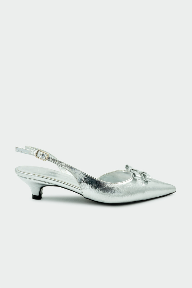 Epsy Bow Detailed Silver Women's Heeled Shoes