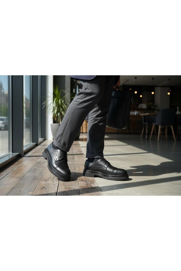 Byk Ata 170 Stitched Detail Lace-Up Genuine Leather Black Men's Shoes