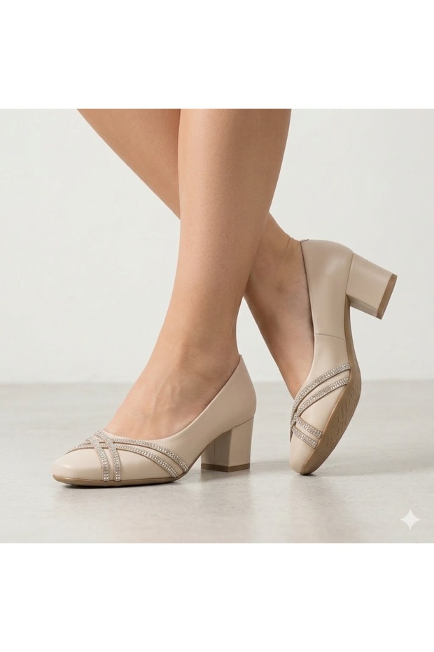 (Ceylanlar) Crossed Drop Stone Detailed Short Heeled Women's Shoes Beige