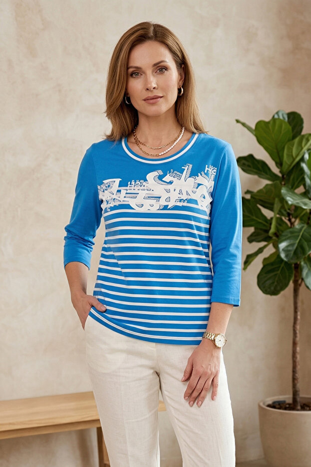 Women's Plus Size Lycra Crew Neck Printed Patterned Three Quarter Sleeve Mother T-Shirt Combed Cotton Blouse