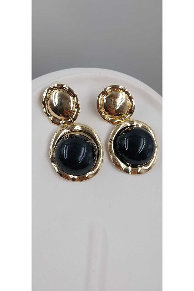 Gold Color Black Detailed Dangle Earrings