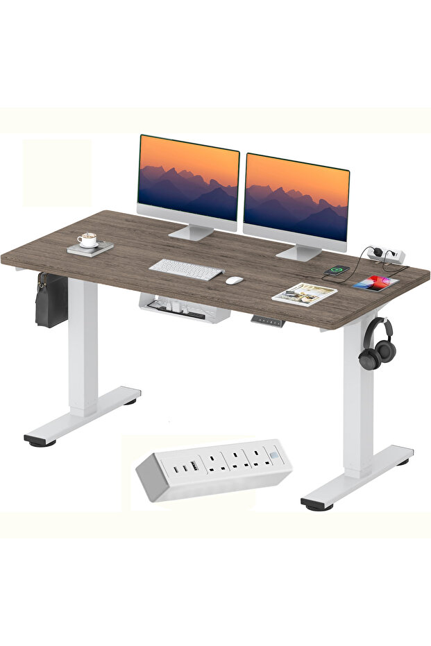 FLEXISPOT EN2 140x70 cm Electric Sit Stand Desk with Cable Management - White Frame and Gray Top