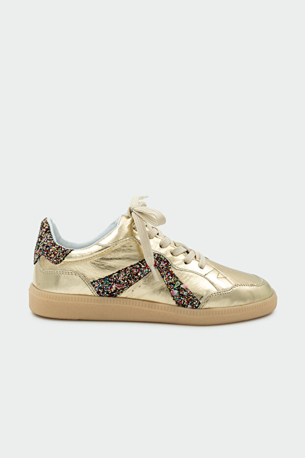 April Işıltılı Genuine Leather Gold Women's Flat Sneakers