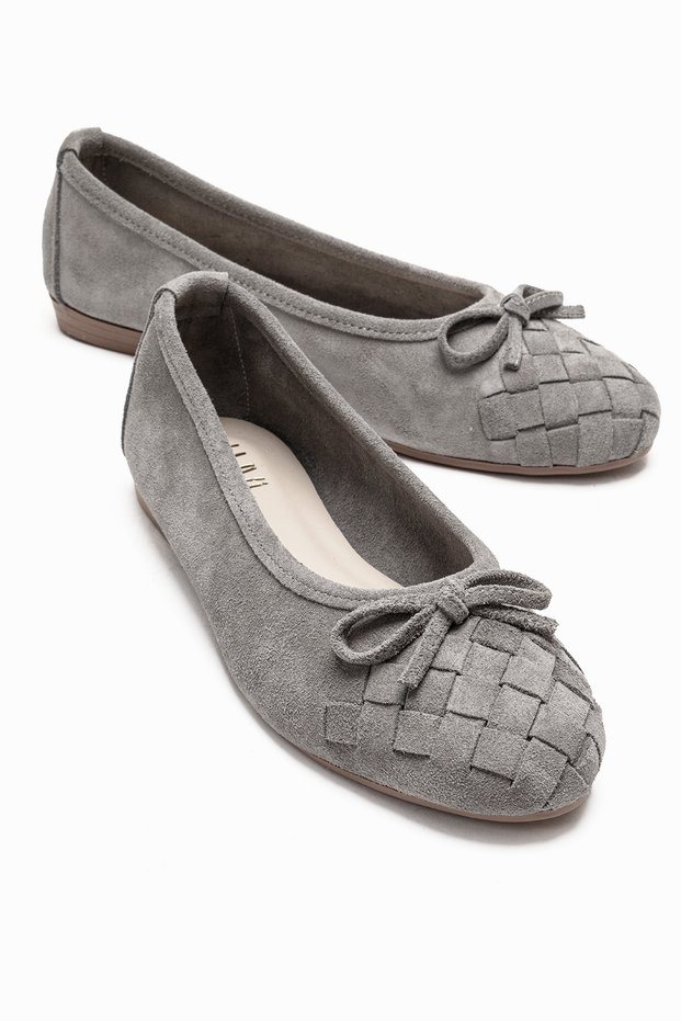 03 Gray Suede Genuine Leather Women's Ballerina Shoes
