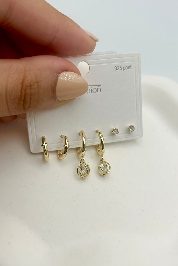 Minimal Multiple Women's Earring Set with Crystal Stones