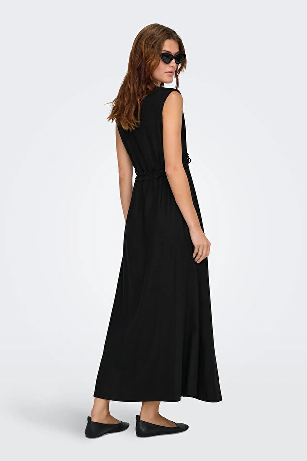 Kadın Onlgoa Kruvaze Yaka Beli Lastikli Keten Maxi Elbise 15363694 Siyah - 5
