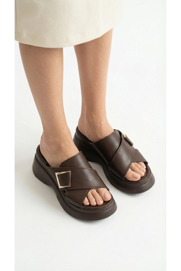 Buckle Detail High Wedge Heel Lu Comfortable Women's Summer Wear Slipper Sandals