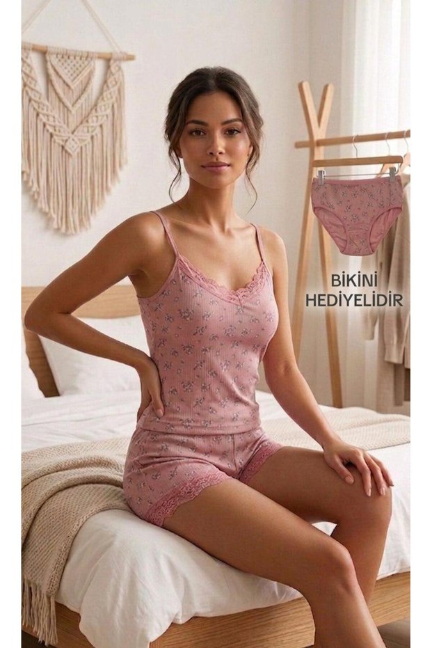 Women's Floral Cotton Rope Strap Lace Athlete-Shorts Set - 3-Piece Combination (Bikini Gift Included)