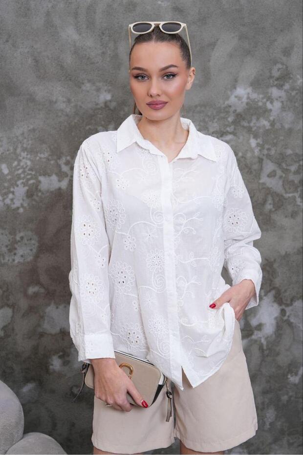 Women's White Scallop Embroidered Shirt Pc2173