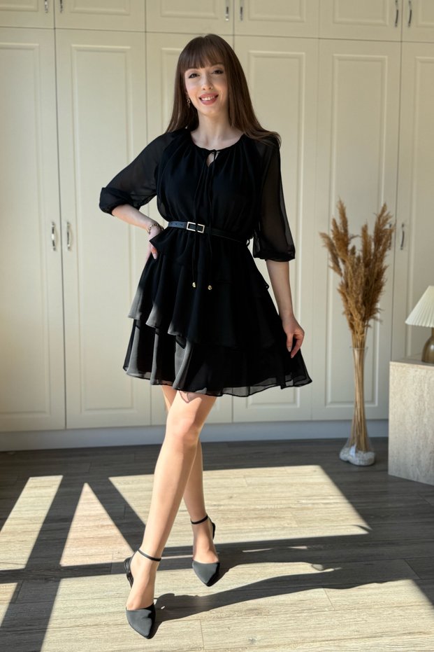 Layered Chiffon Ruffled Belted Short Black Dress