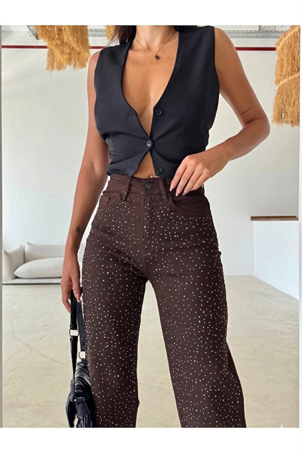 Women's Brown Stone Detailed Palazzo Stylish Trousers