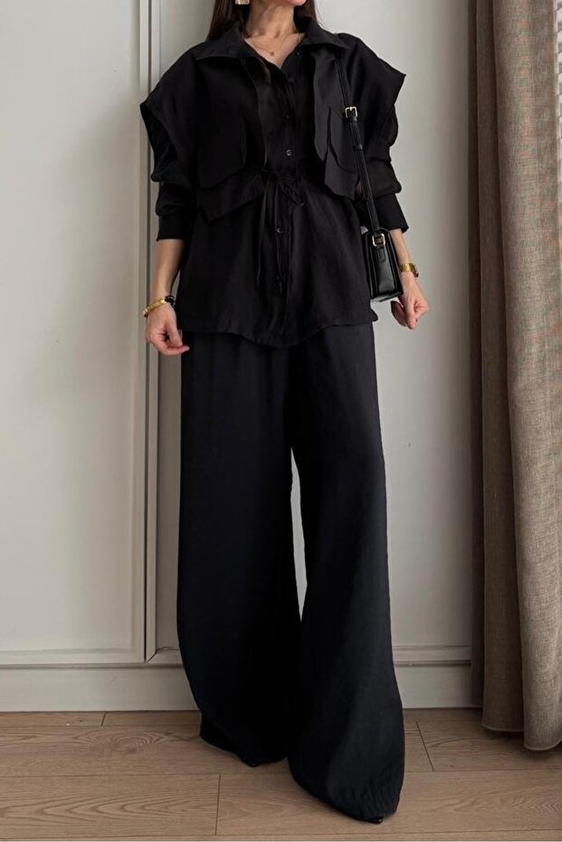 Shirt and Pants Set with Garnished Ties 51309