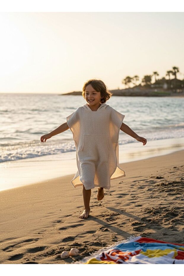 100% Cotton 4 Layer Muslin Cream Children's Poncho, 10-12 Years Old Hooded Bathrobe & Beach Towel