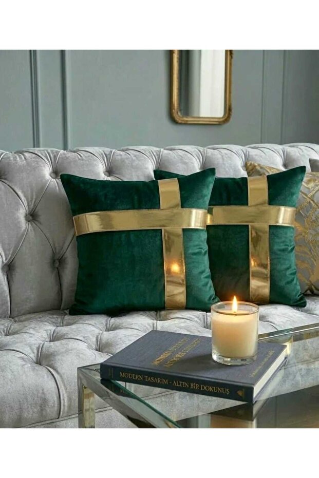 Luxury Velvet Double-Sided Throw Pillow Cover 45X45 with Gold Detail Decorative Pillowcase