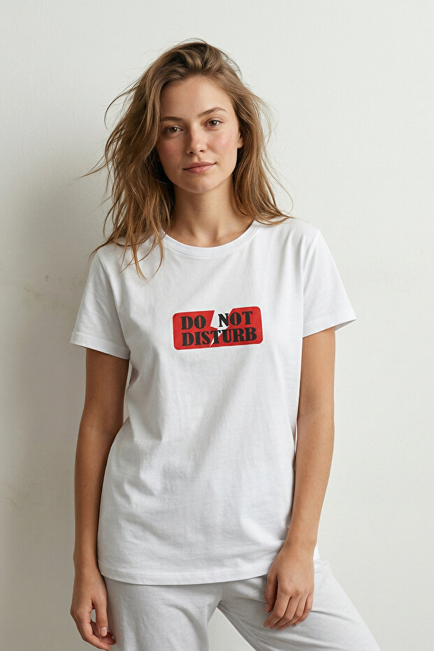 100% Cotton Pajama Top T-Shirt Single Jersey Compact Combed Cotton Women's Comfortable Fit White Short Sleeve Do Not Disturb