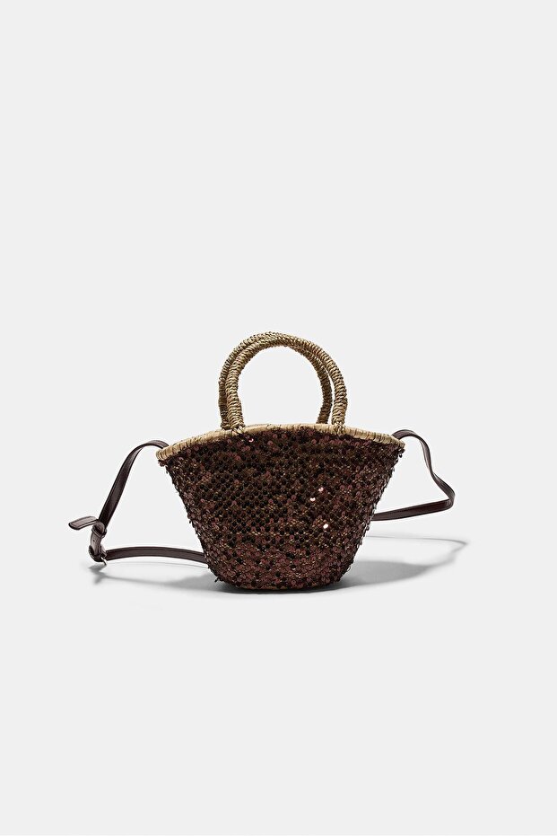 Pullu mini hasır çanta - 1