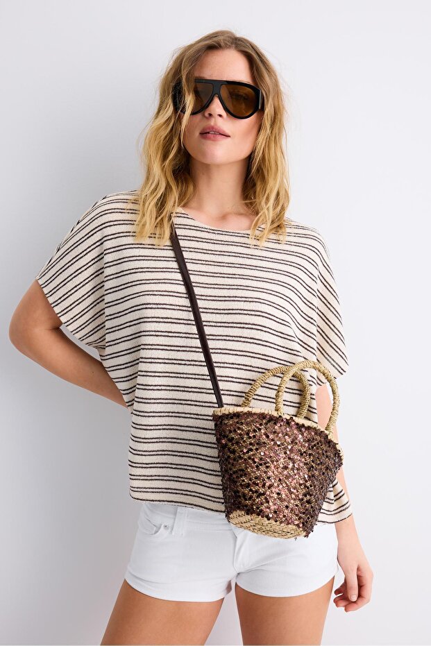 Pullu mini hasır çanta - 2