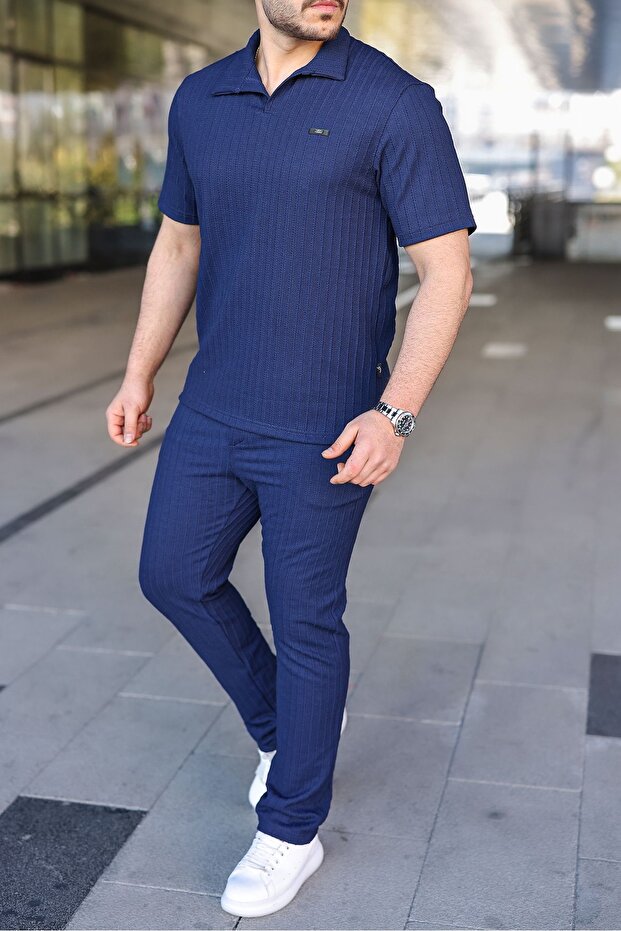 Men's Self-Patterned Jacquard Fabric 2-Piece Set - Navy Blue