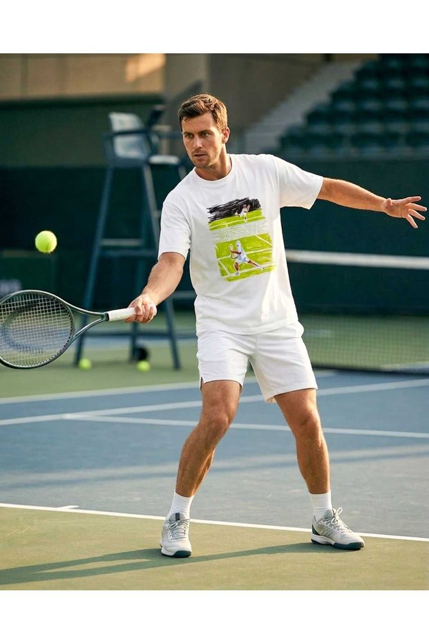 Unisex White Oversize Tennis Printed Crew Neck T-Shirt