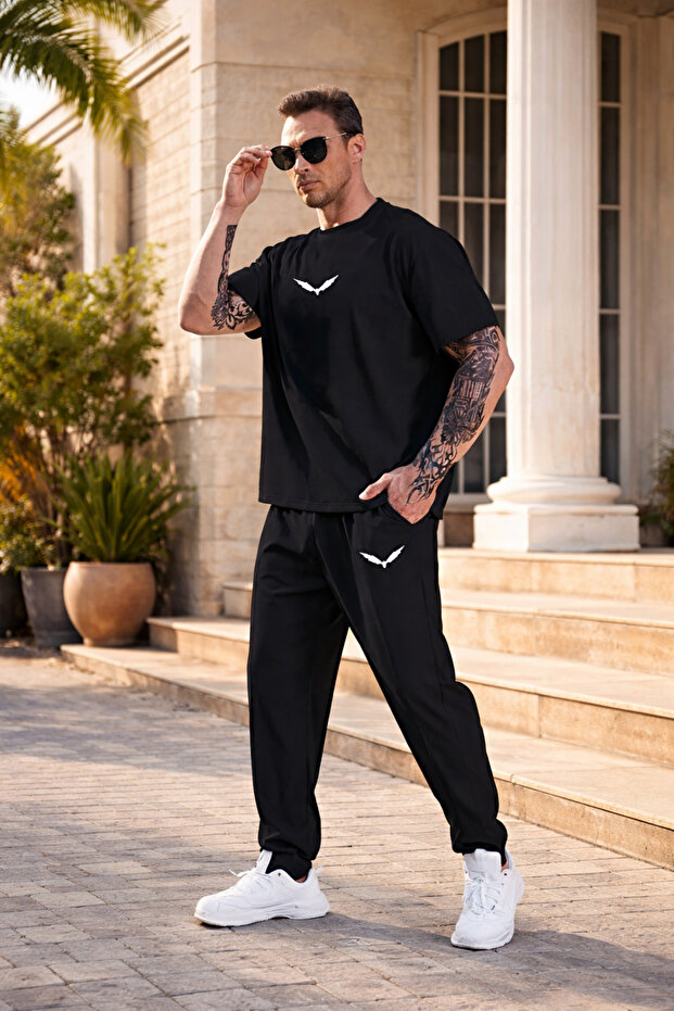 Black T-Shirt with Wing Print - Black Sweatpants with Wing Print