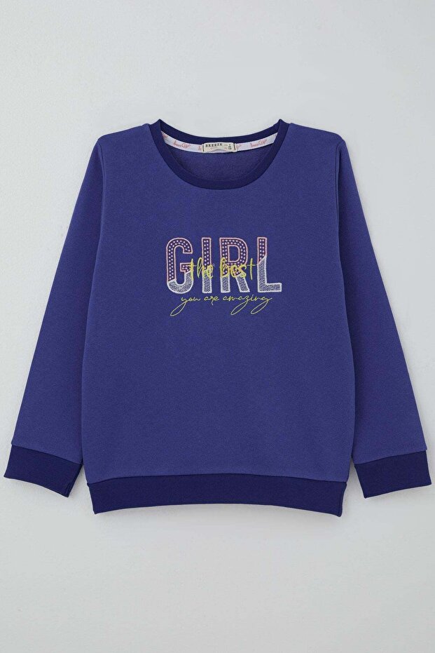 Girl's Sweatshirt with Letter Embroidery and Printed Design, Ages 5-10, Purple Navy Blue