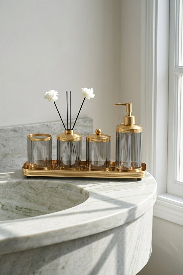 Spiffy Liquid Soap Dispenser with Tray, Scented Stick Room Freshener & Cotton Swab Holder Set