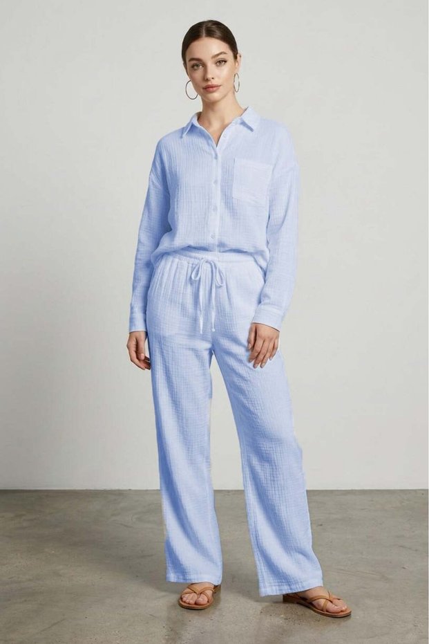 Baby Blue Long Sleeve 100% Cotton Muslim Shirt Set Sh365