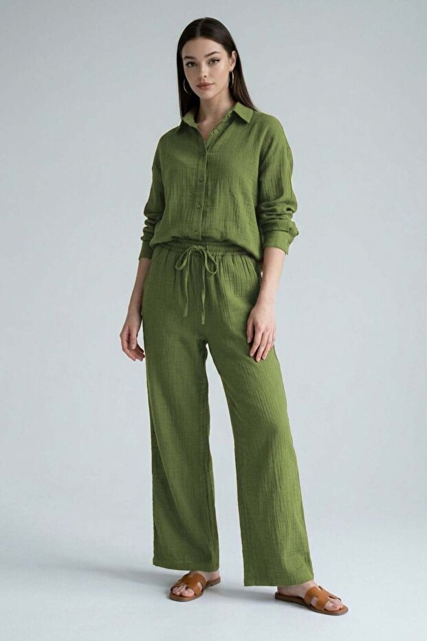 Green Long Sleeve 100% Cotton Muslim Shirt Suit Sh365