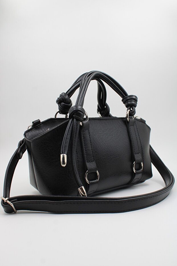 Women's Black Knot Handle Bag with Ring Detail, Internal Pocket and Zipper Closure for Hand, Arm and Shoulder Use