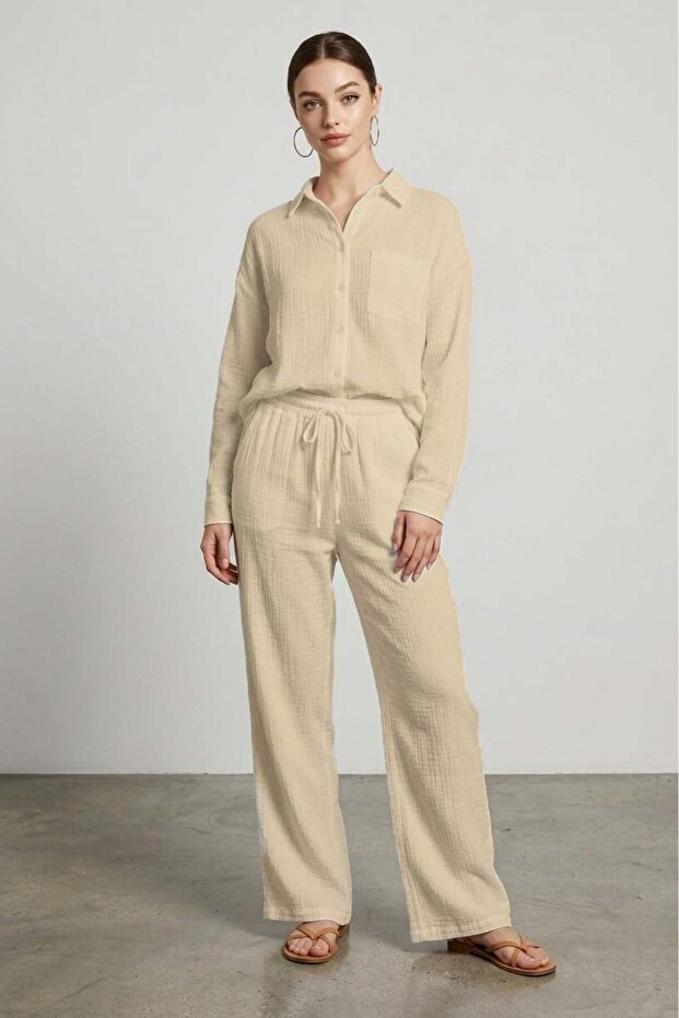Beige Long Sleeve 100% Cotton Muslim Shirt Set Sh365