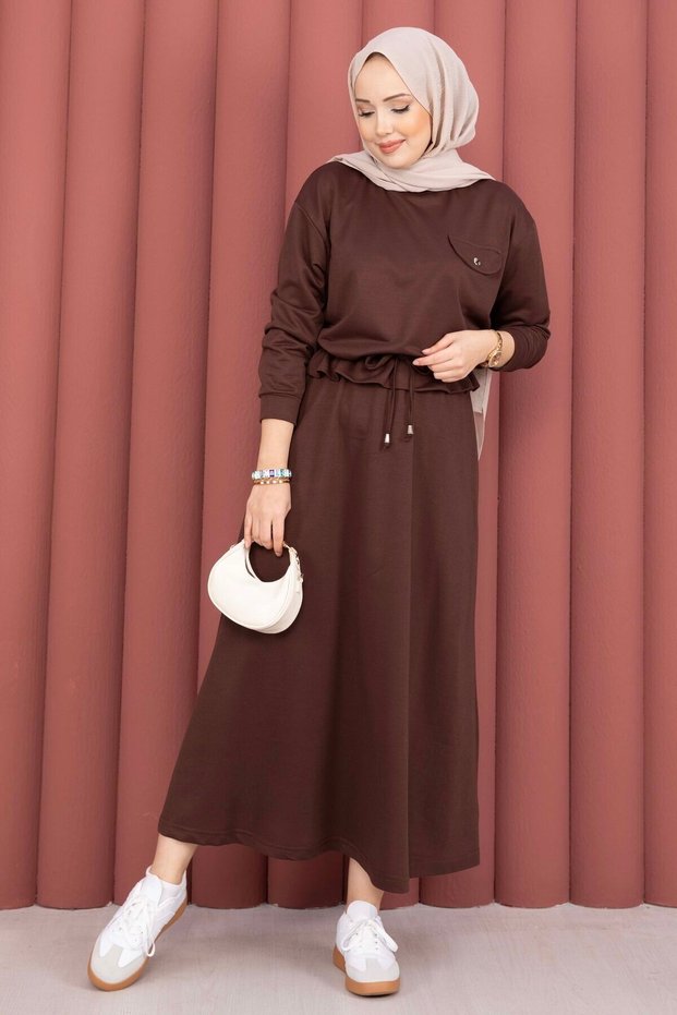 Pocket Detailed Crop & Skirt Double Set Brown