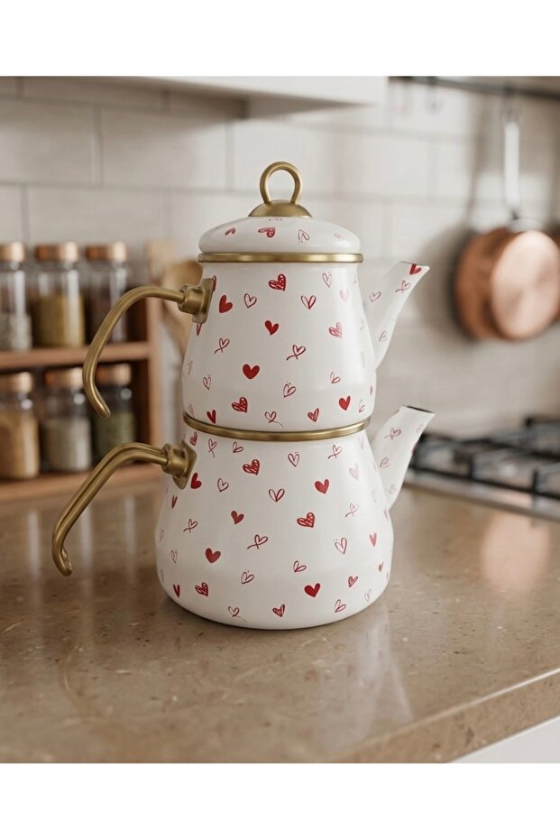 Hearted Enamel Teapot Set 2.0 Lt Water Jug + 1.0 Lt Teapot Red & White Color Options Available