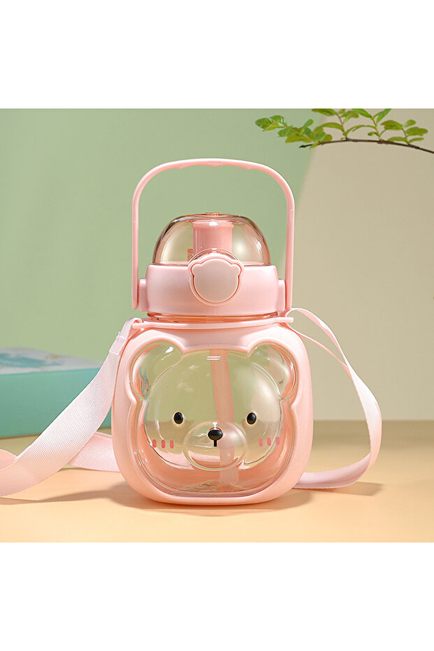 Children's Water Bottle with Cute Teddy Bear Figure and Straw - Adjustable Strap Liter Leak-Proof Water Bottle