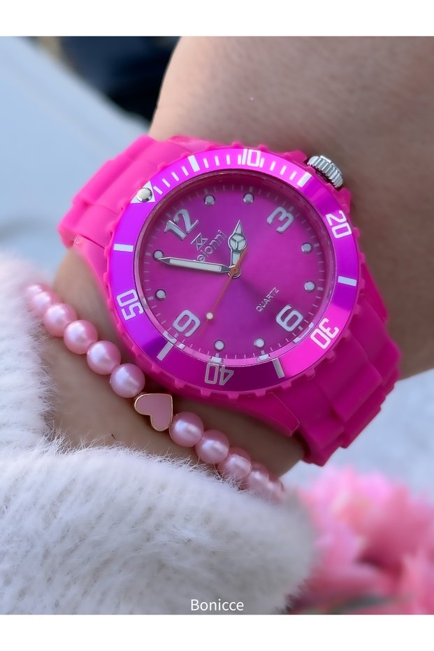 Brand Pink Silicone Cord Women Female Wrist Watch +Heart Bracelet
