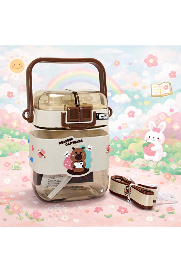Reading Capybara Straw Water Bottle 500 ml – Kawaii Children's Water Bottle Portable with Lock