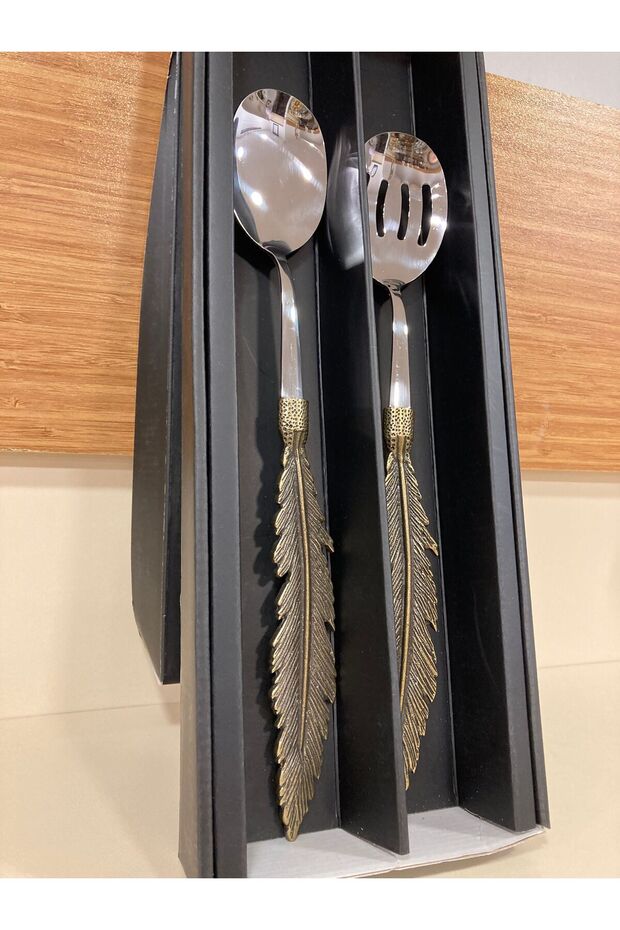 Service Salad Spoons Set of 2 Steel and Brass Color Antique Feather Model