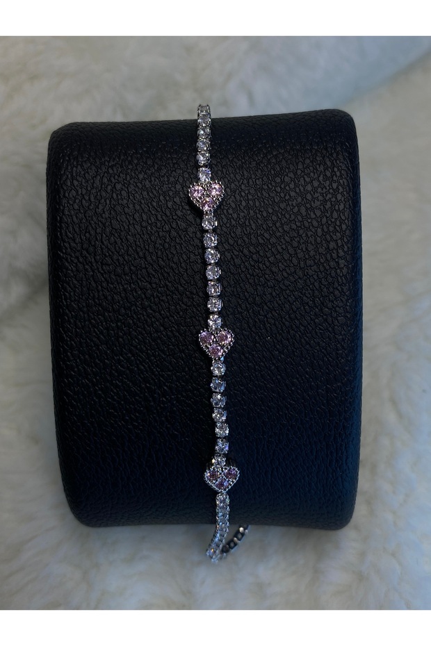 Zircon Stone - Pink Heart Detail - Silver Bracelet. Does Not Darken, Adjustable.
